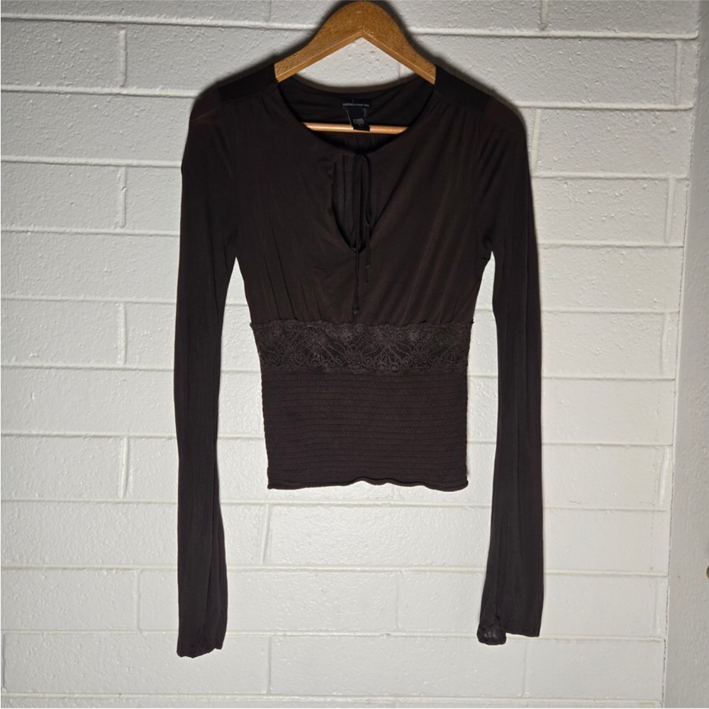 Moda International Brown Long-Sleeve Lace-Waist Mini Dress